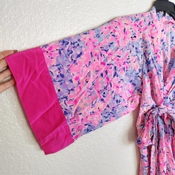 LILLY PULITZER  SILK WRAP KIMORA Coco Coral Crab Kimono dress sz XXS - Picture 4 of 8